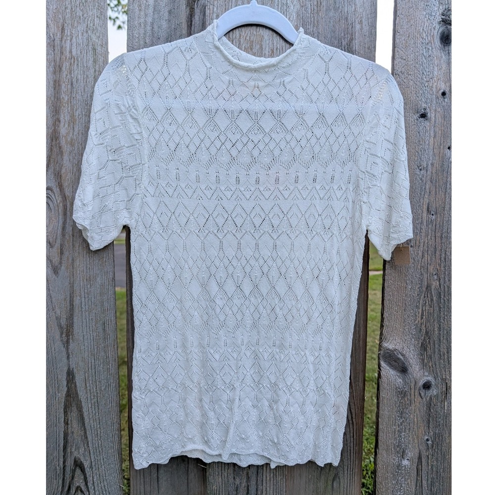 Womens Hem & Thread Ivory Knit Pointelle Mock Neck Top L Excellent Scalloped